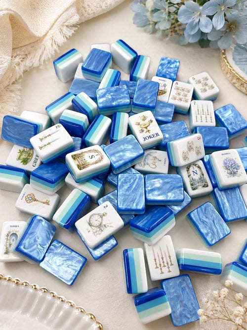 Luxury Blue Pearl Mahjong Set, 160 Tiles – A Whimsical Wonderland Tea Party Editio
