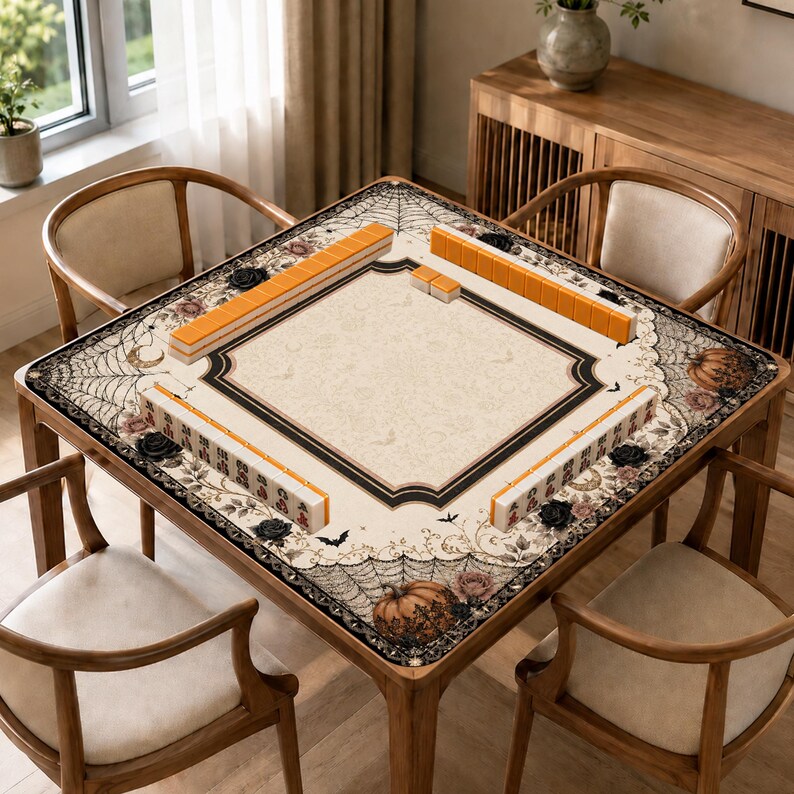 Halloween Mahjong Mat, Non-Slip Gothic Floral Table Cover, Pumpkin & Spiderweb Design