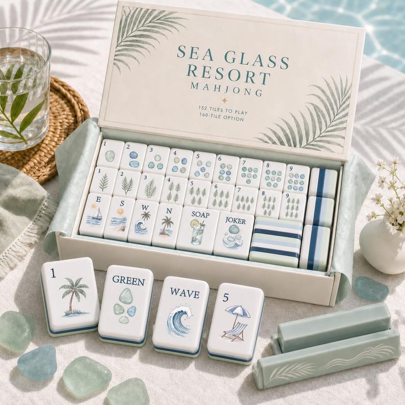 Coastal Beach Mahjong Set™ – Custom UV Printed Tiles