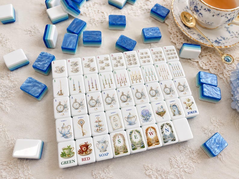 Luxury Blue Pearl Mahjong Set, 160 Tiles – A Whimsical Wonderland Tea Party Editio