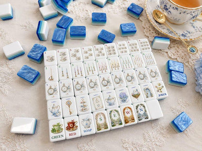 Luxury Blue Pearl Mahjong Set, 160 Tiles – A Whimsical Wonderland Tea Party Editio