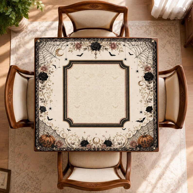 Halloween Mahjong Mat, Non-Slip Gothic Floral Table Cover, Pumpkin & Spiderweb Design