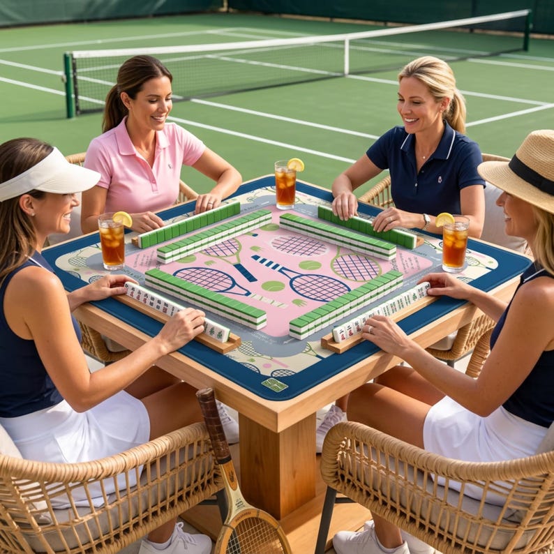 Tennis Mahjong Mat, 32x32 Non-Slip Rubber Playing Surface, Tennis Racket Design
