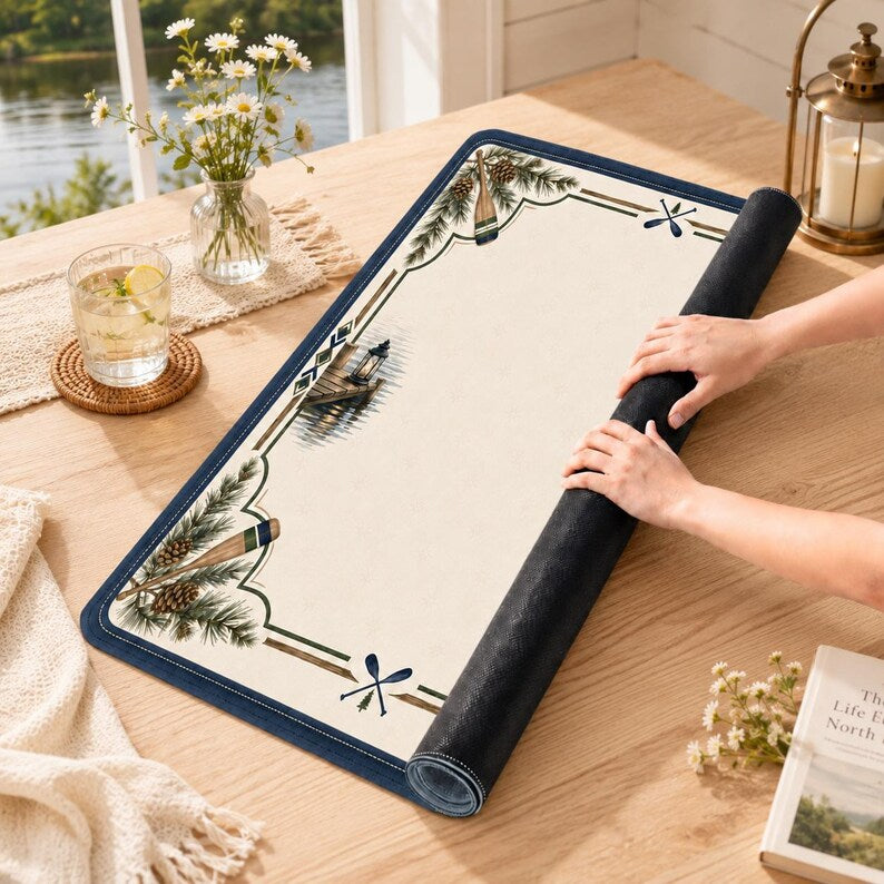 Lakeside Cabin Mahjong Mat, Personalized Rustic Log Cabin Non-Slip Table Cover
