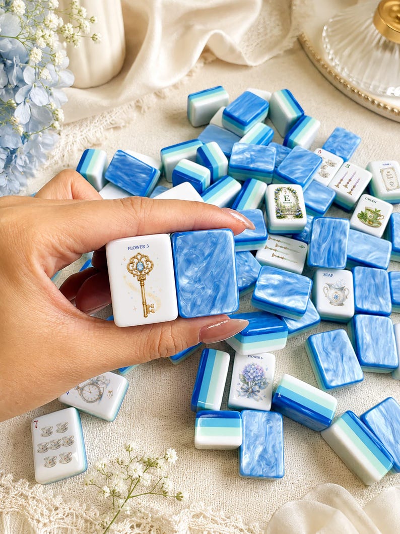 Luxury Blue Pearl Mahjong Set, 160 Tiles – A Whimsical Wonderland Tea Party Editio