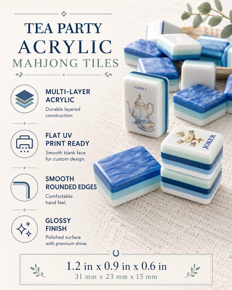 Luxury Blue Pearl Mahjong Set, 160 Tiles – A Whimsical Wonderland Tea Party Editio