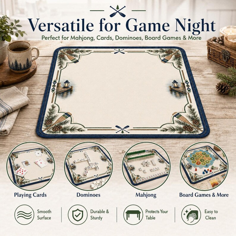 Lakeside Cabin Mahjong Mat, Personalized Rustic Log Cabin Non-Slip Table Cover