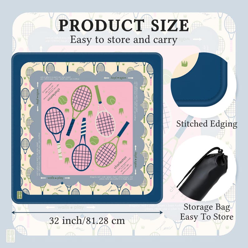 Tennis Mahjong Mat, 32x32 Non-Slip Rubber Playing Surface, Tennis Racket Design