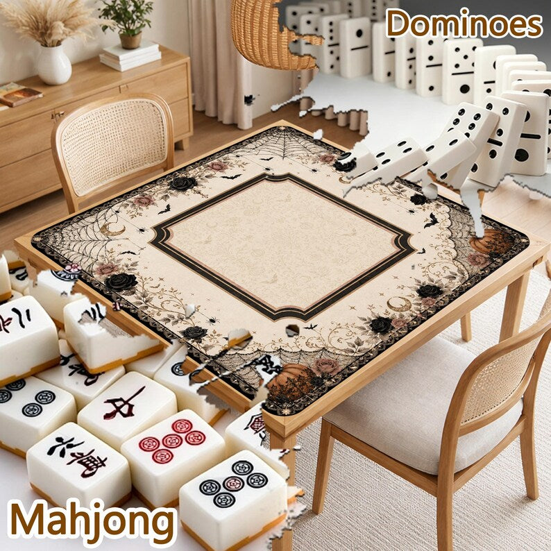 Halloween Mahjong Mat, Non-Slip Gothic Floral Table Cover, Pumpkin & Spiderweb Design