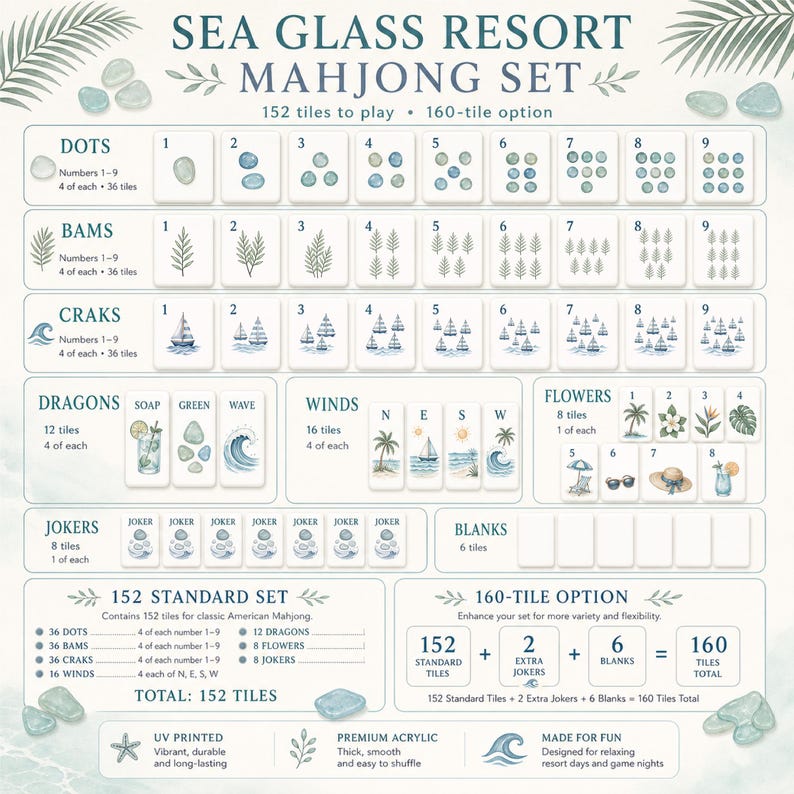 Coastal Beach Mahjong Set™ – Custom UV Printed Tiles