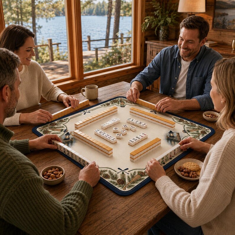 Lakeside Cabin Mahjong Mat, Personalized Rustic Log Cabin Non-Slip Table Cover