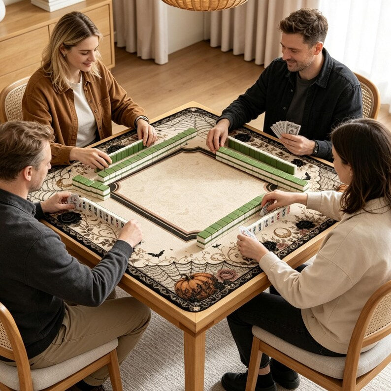 Halloween Mahjong Mat, Non-Slip Gothic Floral Table Cover, Pumpkin & Spiderweb Design