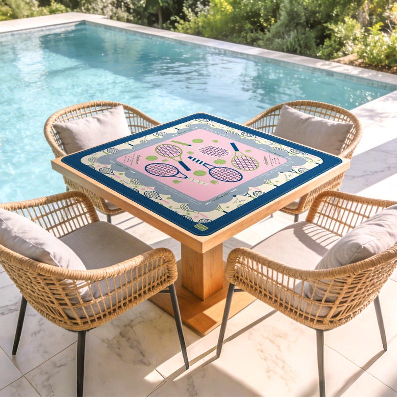 Tennis Mahjong Mat, 32x32 Non-Slip Rubber Playing Surface, Tennis Racket Design