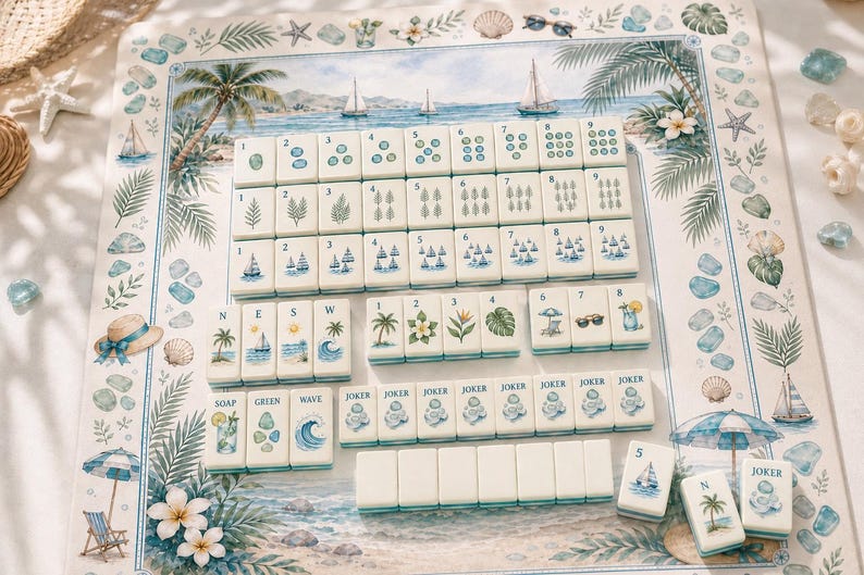 Coastal Beach Mahjong Set™ – Custom UV Printed Tiles